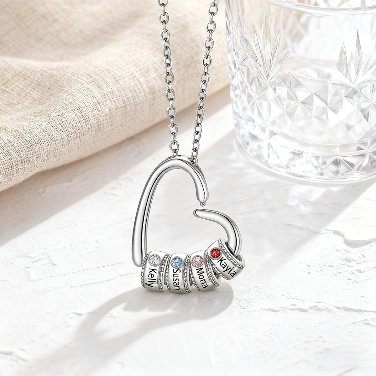 Custom Birthstone Names Beads Heart Pendant Necklace