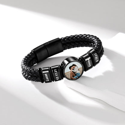 Custom Black Plated Multi-Name Photo Double Layer Leather Bracelet for Men on a white background