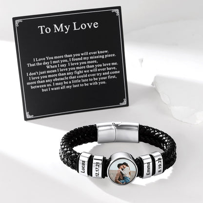 Custom Black Plated Multi-Name Photo Double Layer Leather Bracelet for Men with a greeting card