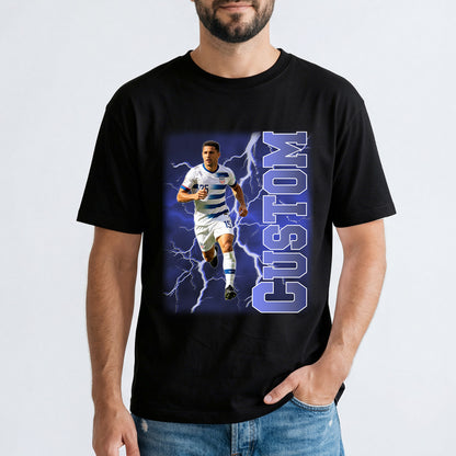 Custom Black soccer cup photo  t-shirt with a graphic of a soccer player and the word 'CUSTOM' on a white background