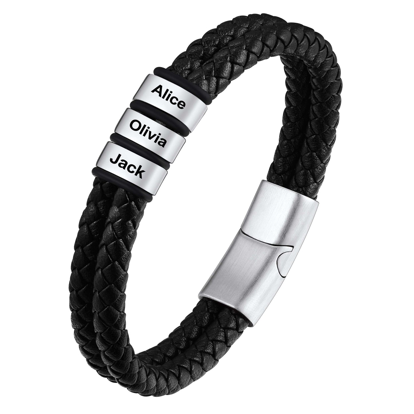 Custom Braided Leather Bracelet with Name 3 Beads on a white background