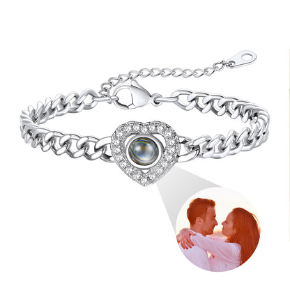 Custom CZ Heart Charm Photo Projection Bracelet Cuban Chain Bracelet