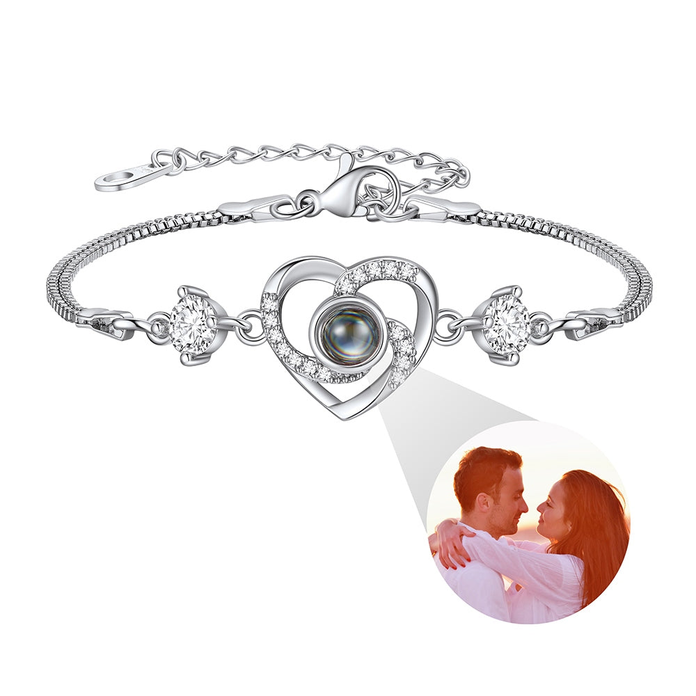 Custom CZ Heart Charm Photo Projection Bracelet for Women