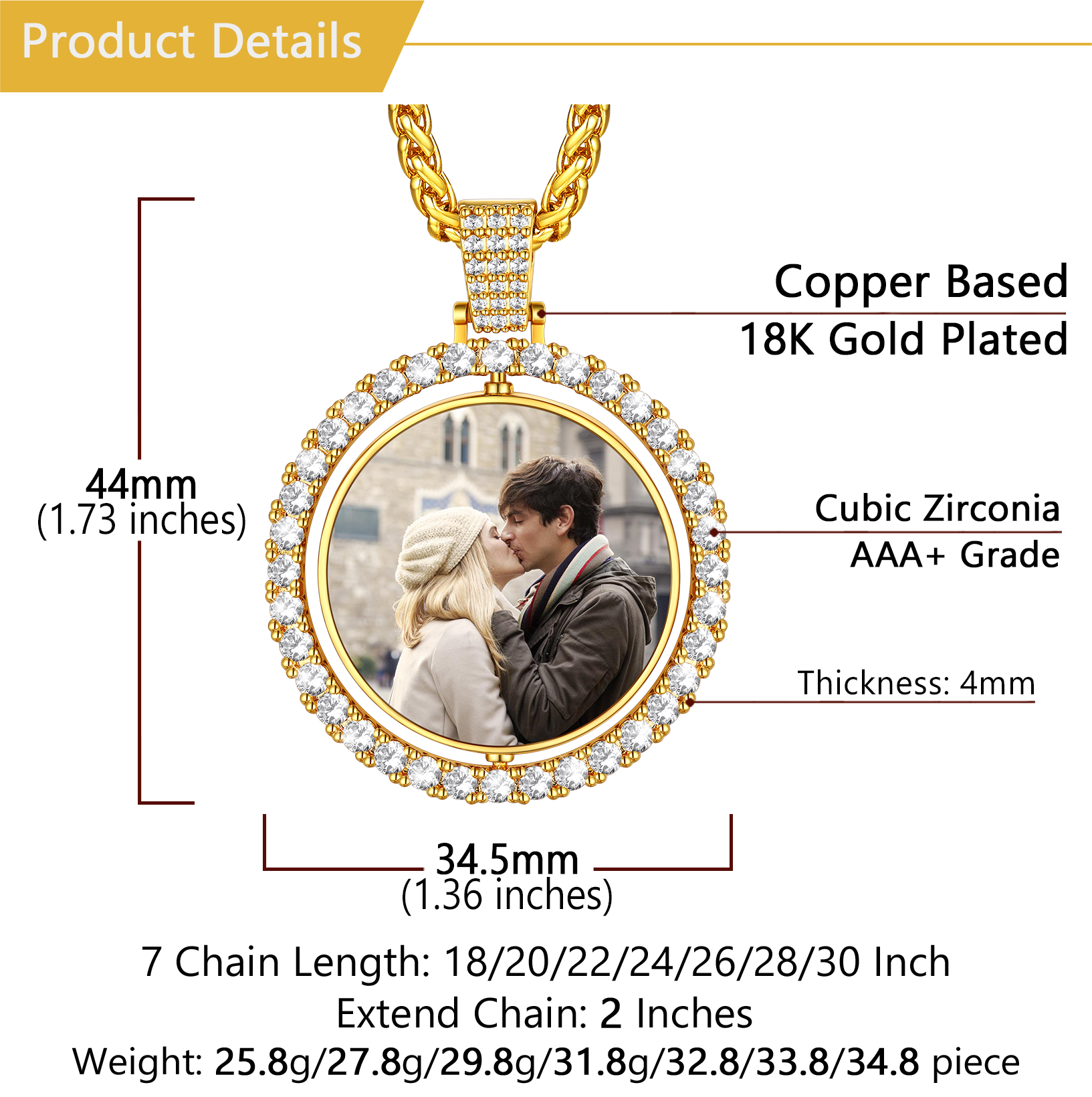 Custom CZ Photo necklace Detail, Dimension, AAA+ Cubic Zirconia