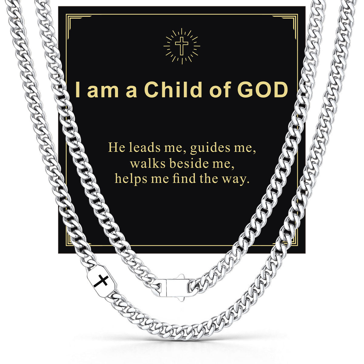 Custom Cross 7mm Cuban Link Chain Necklace in Stainless Steel with greeting card I am a Child of GOD