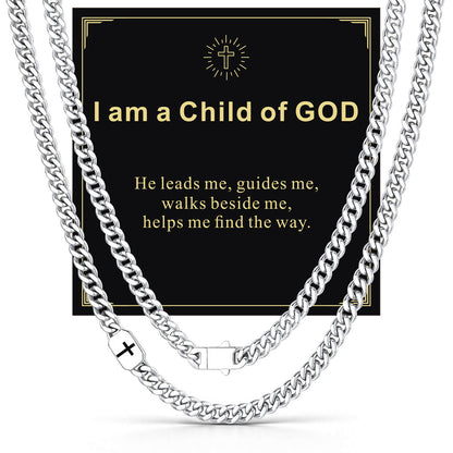 Custom Cross 7mm Cuban Link Chain Necklace in Stainless Steel with greeting card I am a Child of GOD