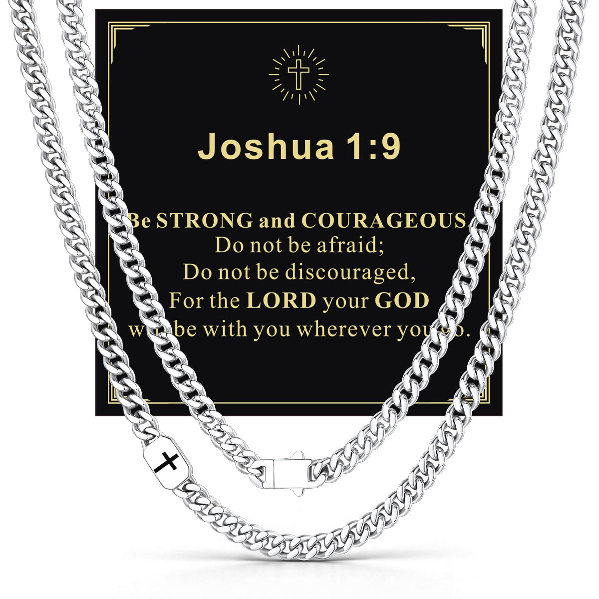 Custom Cross 7mm Cuban Link Chain Necklace in Stainless Steel with greeting card Joshua 1:9