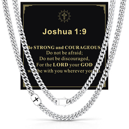 Custom Cross 7mm Cuban Link Chain Necklace in Stainless Steel with greeting card Joshua 1:9