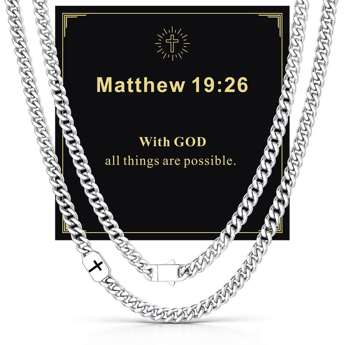 Custom Cross 7mm Cuban Link Chain Necklace in Stainless Steel with greeting card Matthew 19:26