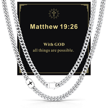 Custom Cross 7mm Cuban Link Chain Necklace in Stainless Steel with greeting card Matthew 19:26