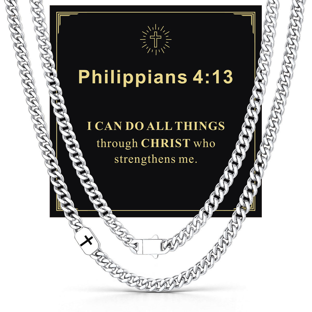 Custom Cross 7mm Cuban Link Chain Necklace in Stainless Steel with greeting card Philippians 4:13