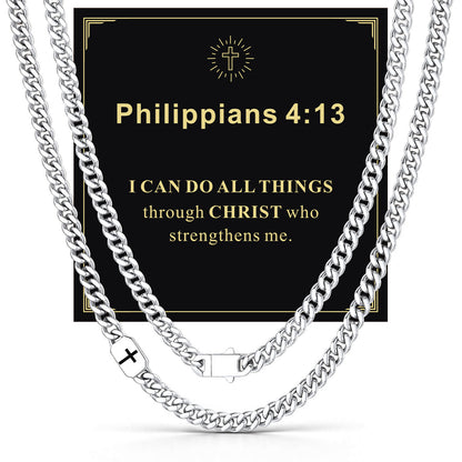 Custom Cross 7mm Cuban Link Chain Necklace in Stainless Steel with greeting card Philippians 4:13