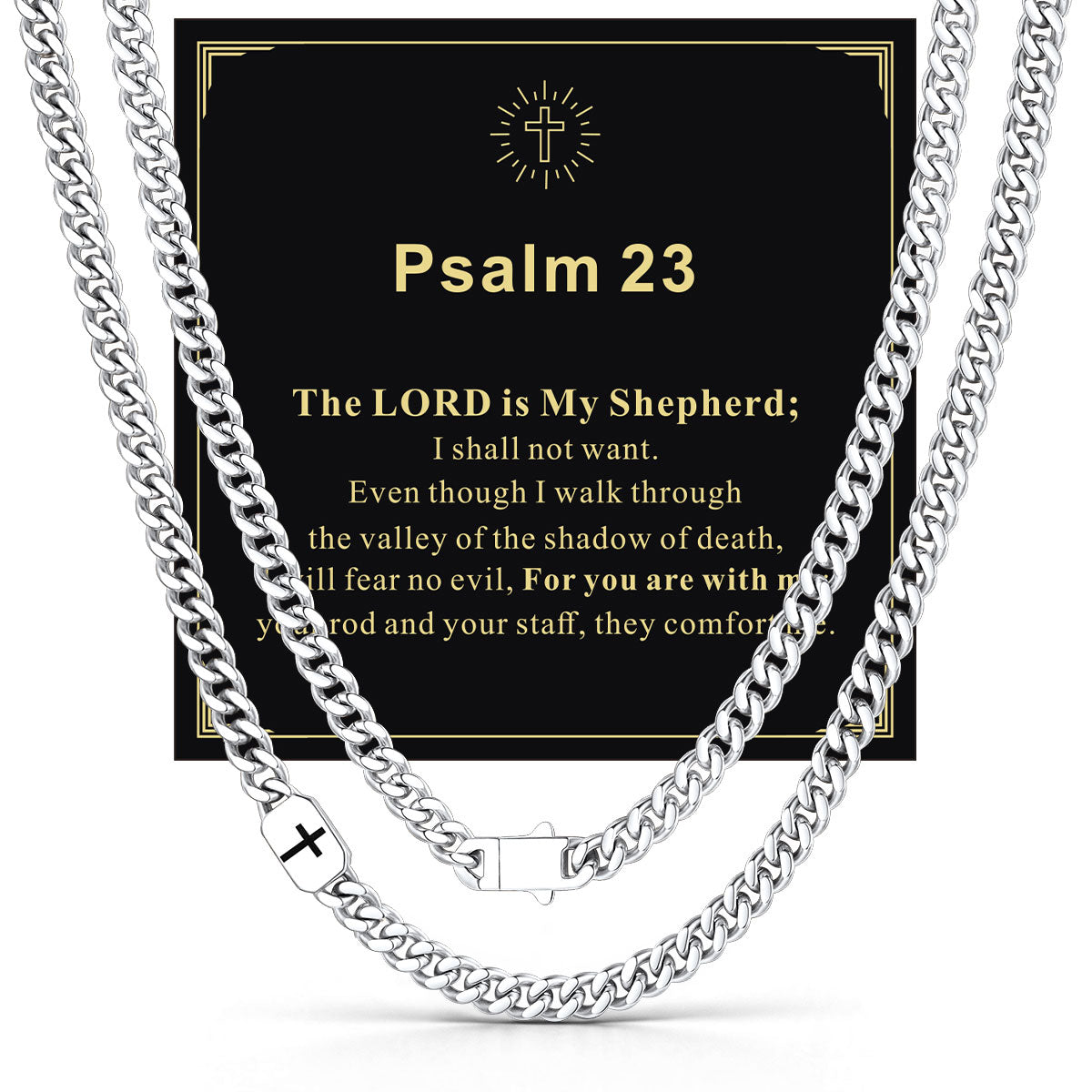 Custom Cross 7mm Cuban Link Chain Necklace in Stainless Steel with greeting card Psalm 23 