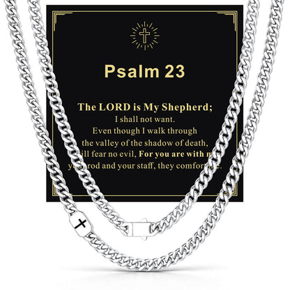 Custom Cross 7mm Cuban Link Chain Necklace in Stainless Steel with greeting card Psalm 23 