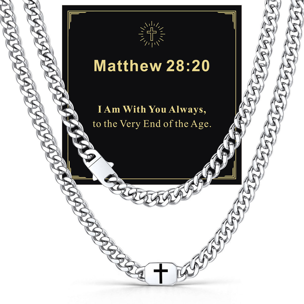 Custom Cross 9mm Cuban Link Chain Necklace in Stainless Steel with greeting card Matthew 28:20