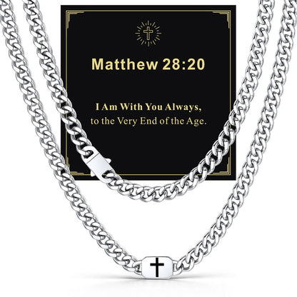 Custom Cross 9mm Cuban Link Chain Necklace in Stainless Steel with greeting card Matthew 28:20
