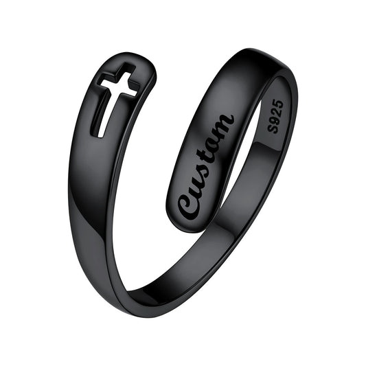 Custom Cross Adjustable Inspirational Ring Black Plated