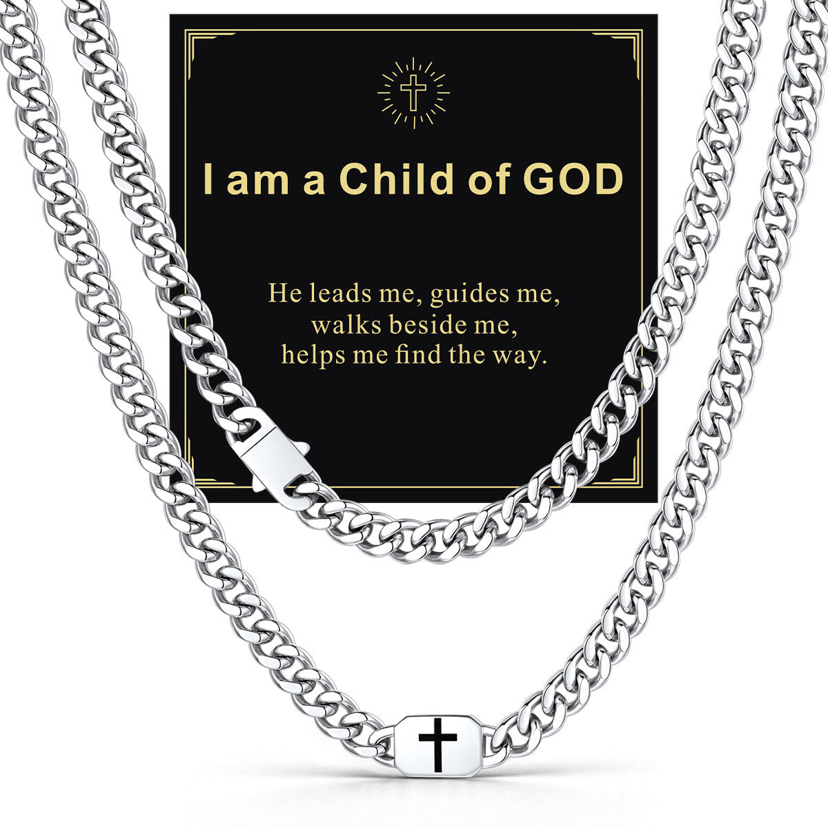 Custom Cross Cuban Link Chain Necklace in Stainless Steel with greeting card I am a child of GOD