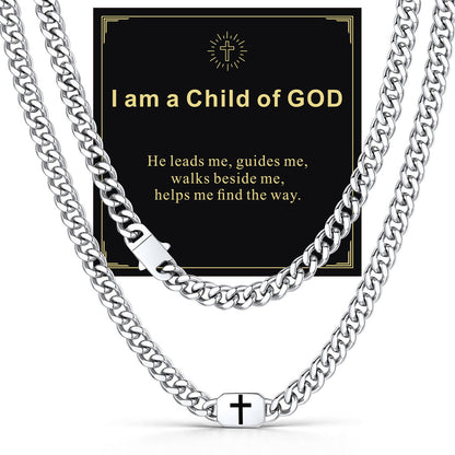 Custom Cross Cuban Link Chain Necklace in Stainless Steel with greeting card I am a child of GOD