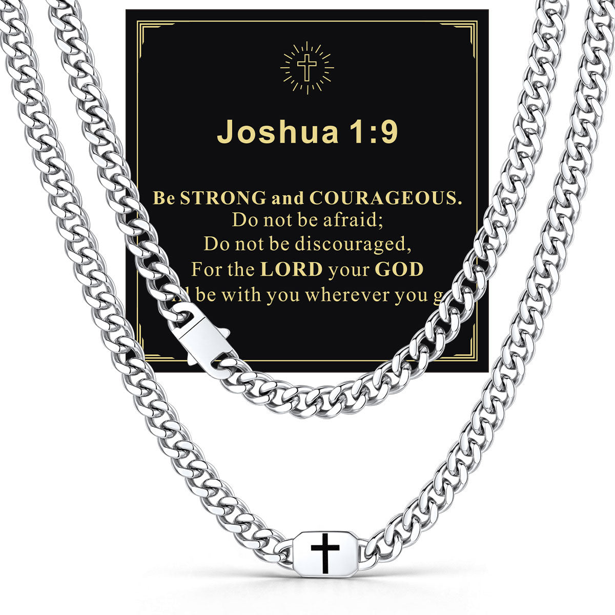 Custom Cross Cuban Link Chain Necklace in Stainless Steel with greeting card Joshua 1:9