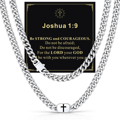 Custom Cross Cuban Link Chain Necklace in Stainless Steel with greeting card Joshua 1:9