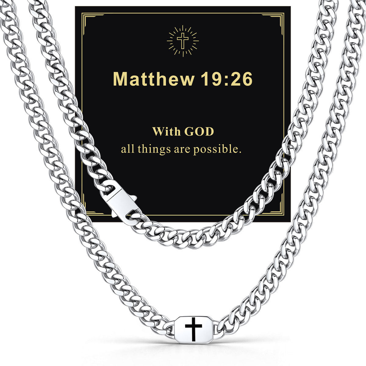 Custom Cross Cuban Link Chain Necklace in Stainless Steel with greeting card Matthew 19:26