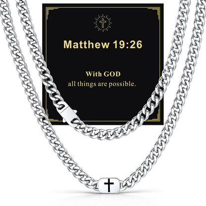 Custom Cross Cuban Link Chain Necklace in Stainless Steel with greeting card Matthew 19:26
