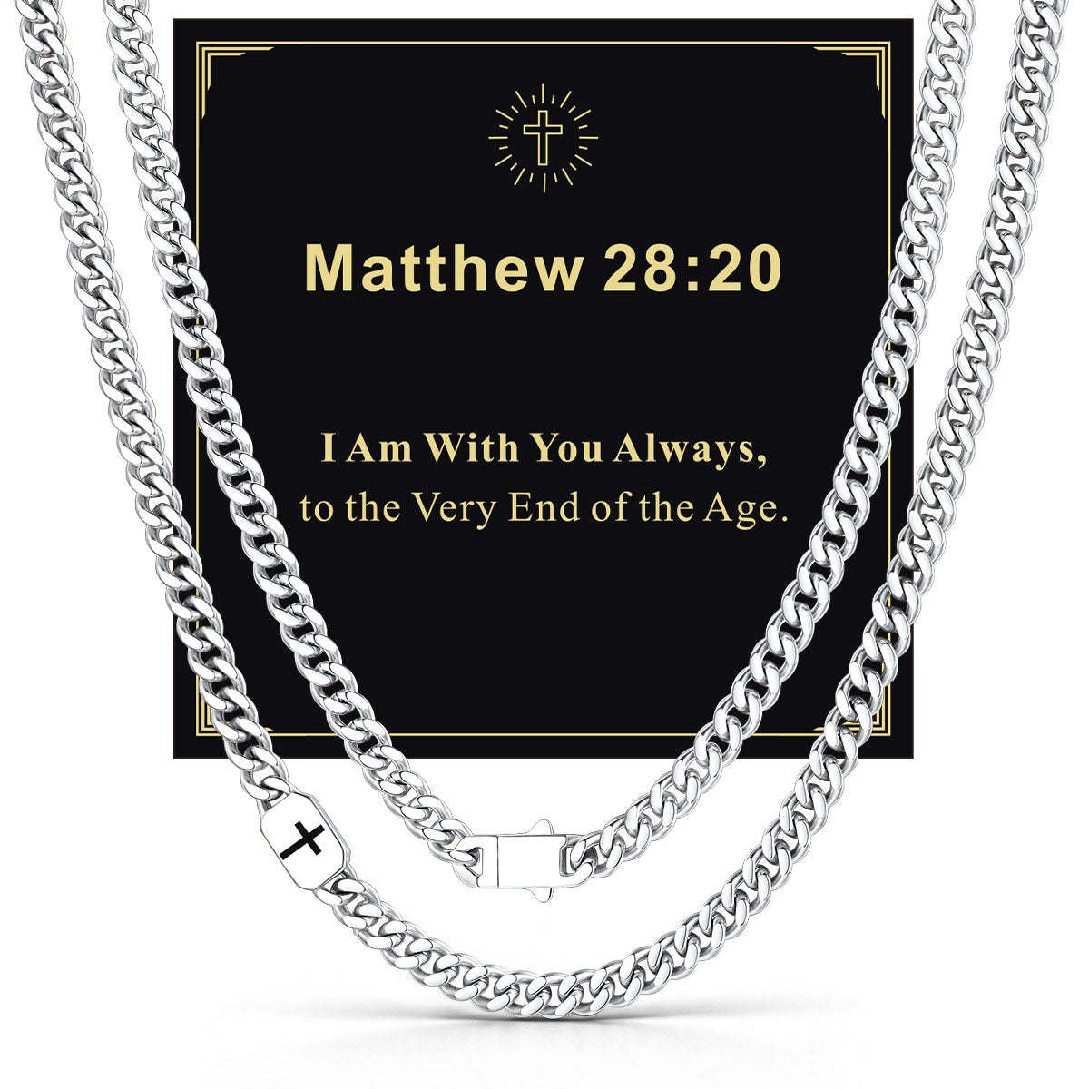 Custom Cross Cuban Link Chain Necklace in Stainless Steel with greeting card Matthew 28:20