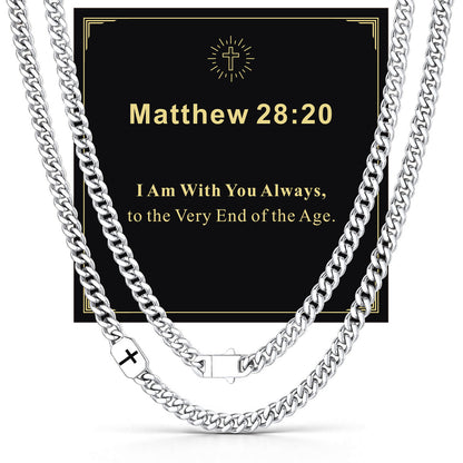 Custom Cross Cuban Link Chain Necklace in Stainless Steel with greeting card Matthew 28:20