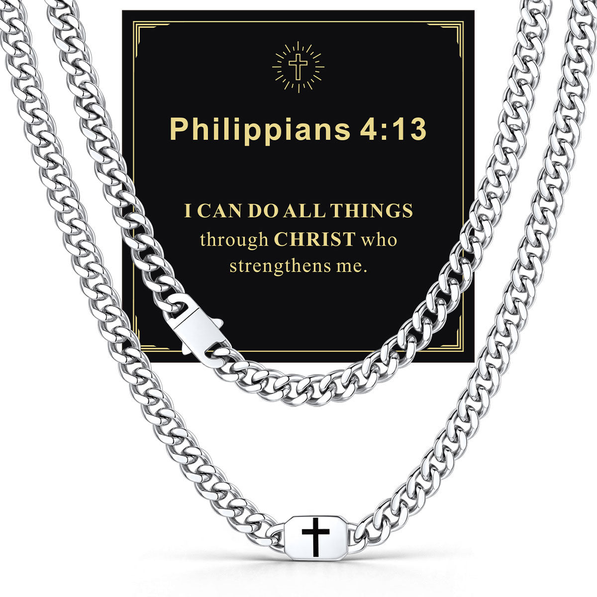 Custom Cross Cuban Link Chain Necklace in Stainless Steel with greeting card Philippians 4:13