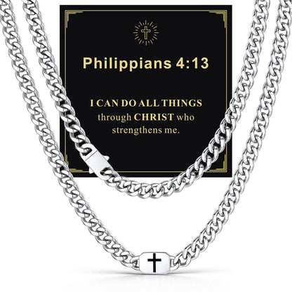 Custom Cross Cuban Link Chain Necklace in Stainless Steel with greeting card Philippians 4:13