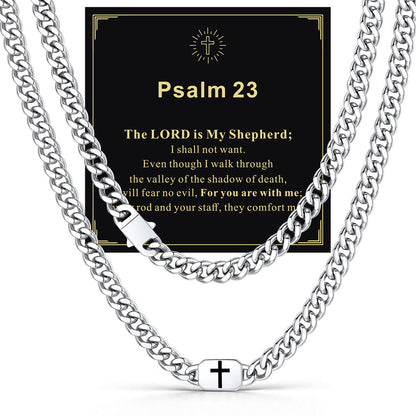 Custom Cross Cuban Link Chain Necklace in Stainless Steel with greeting card Psalm 23