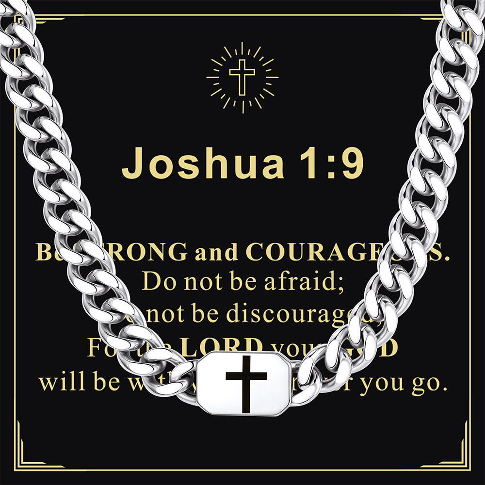 Custom Cross Cuban Link Chain Necklace with greeting card Joshua 1:9