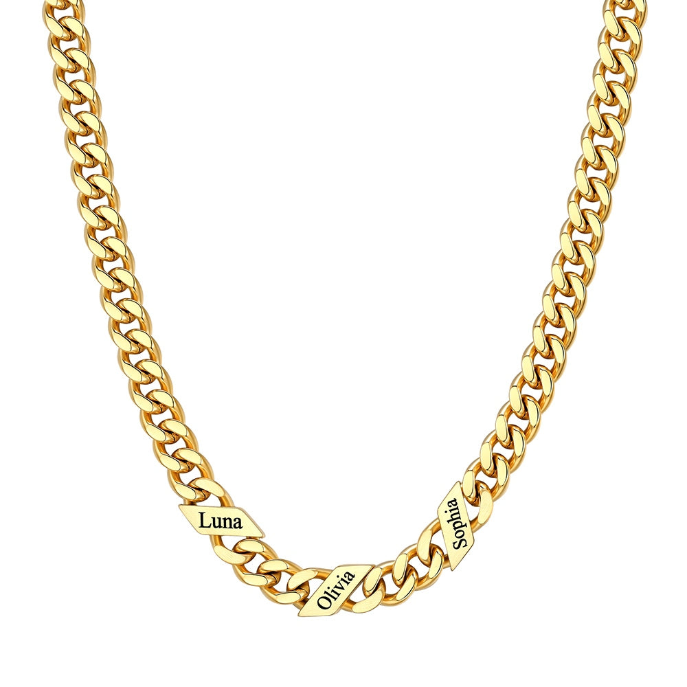 Custom Cuban Chain Necklace 7mm 3 name Gold Plated