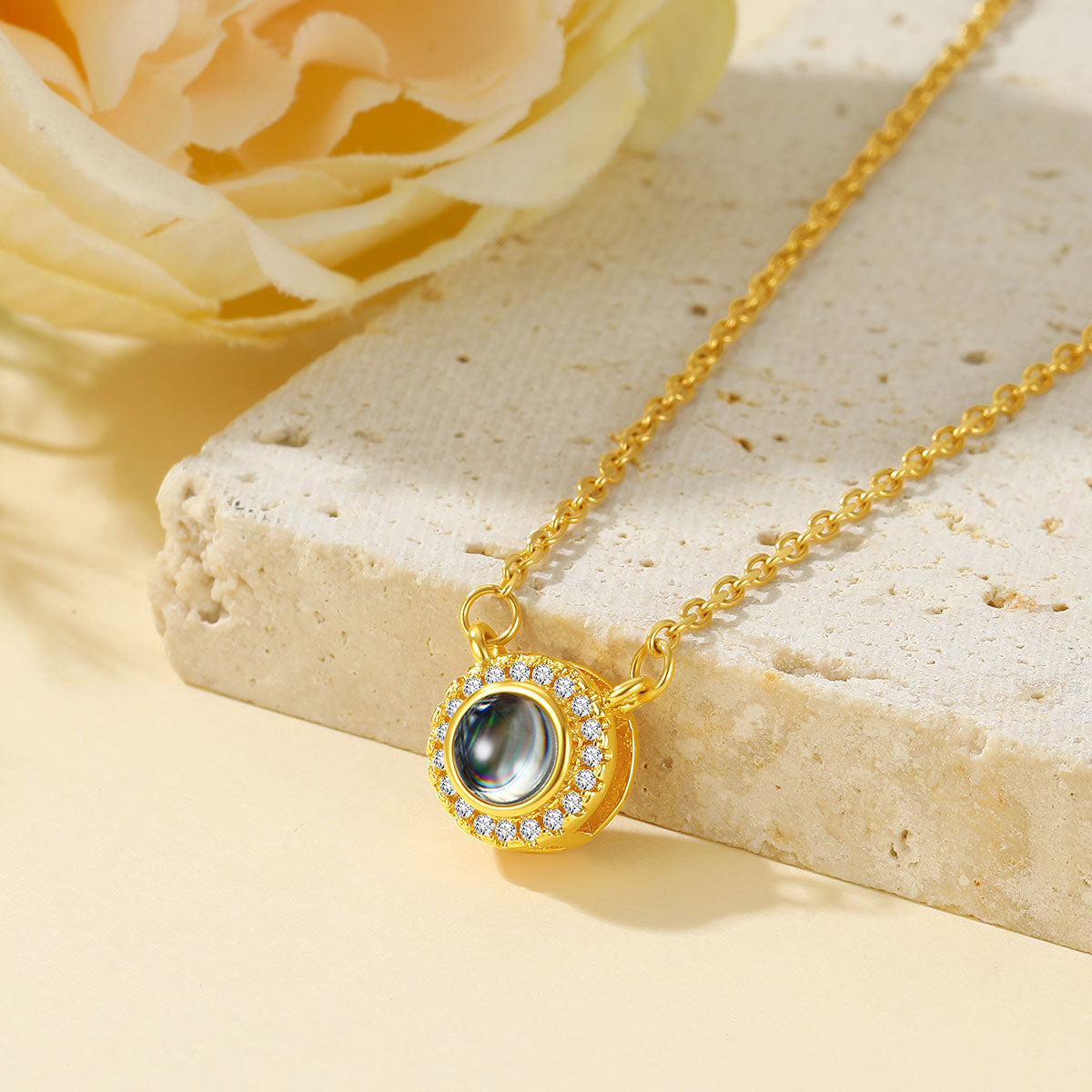 Custom Cubic Zirconia Halo Photo Projection Necklace in Gold Plated