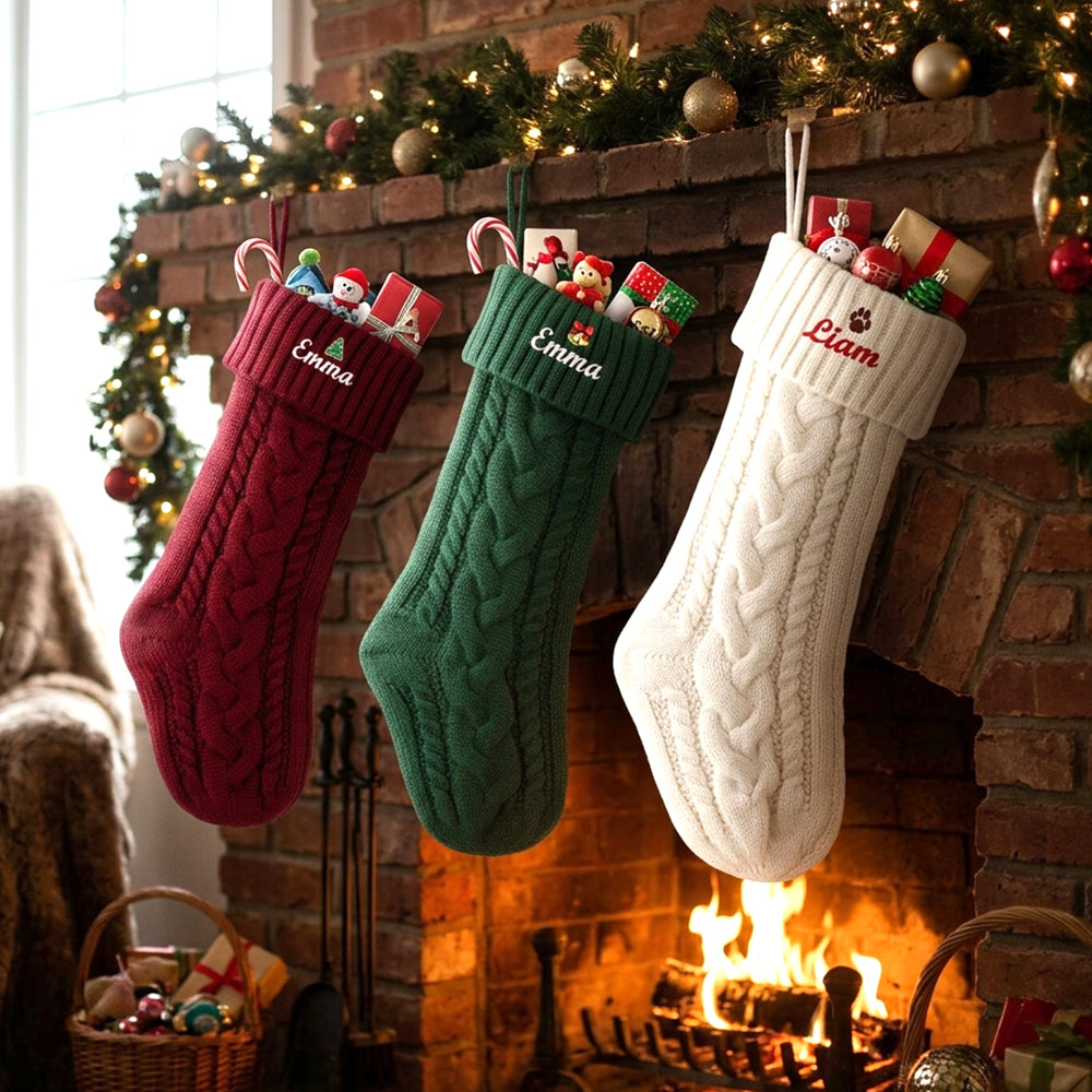 Personalized Embroidered Name Cable Knit Christmas Stocking with Holiday Decor on the fireplace