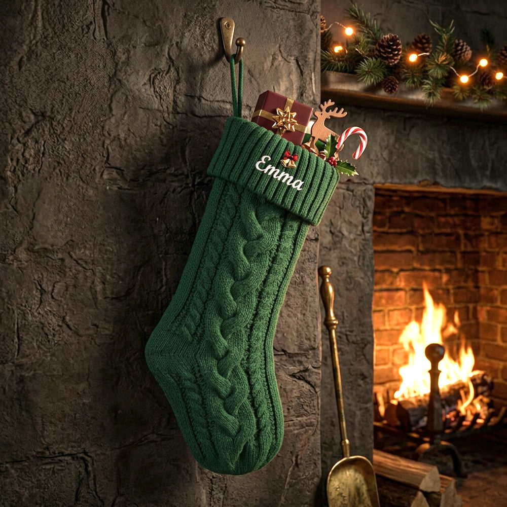 Green Personalized Embroidered Name Cable Knit Christmas Stocking with Holiday Decor on the fireplace