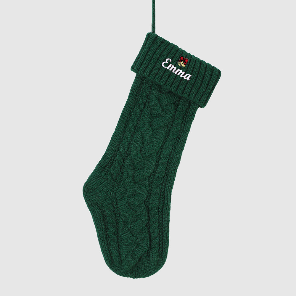 Green Personalized Embroidered Name Cable Knit Christmas Stocking with Holiday Decor on the white background