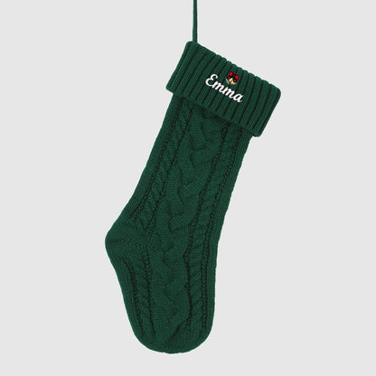 Green Personalized Embroidered Name Cable Knit Christmas Stocking with Holiday Decor on the white background