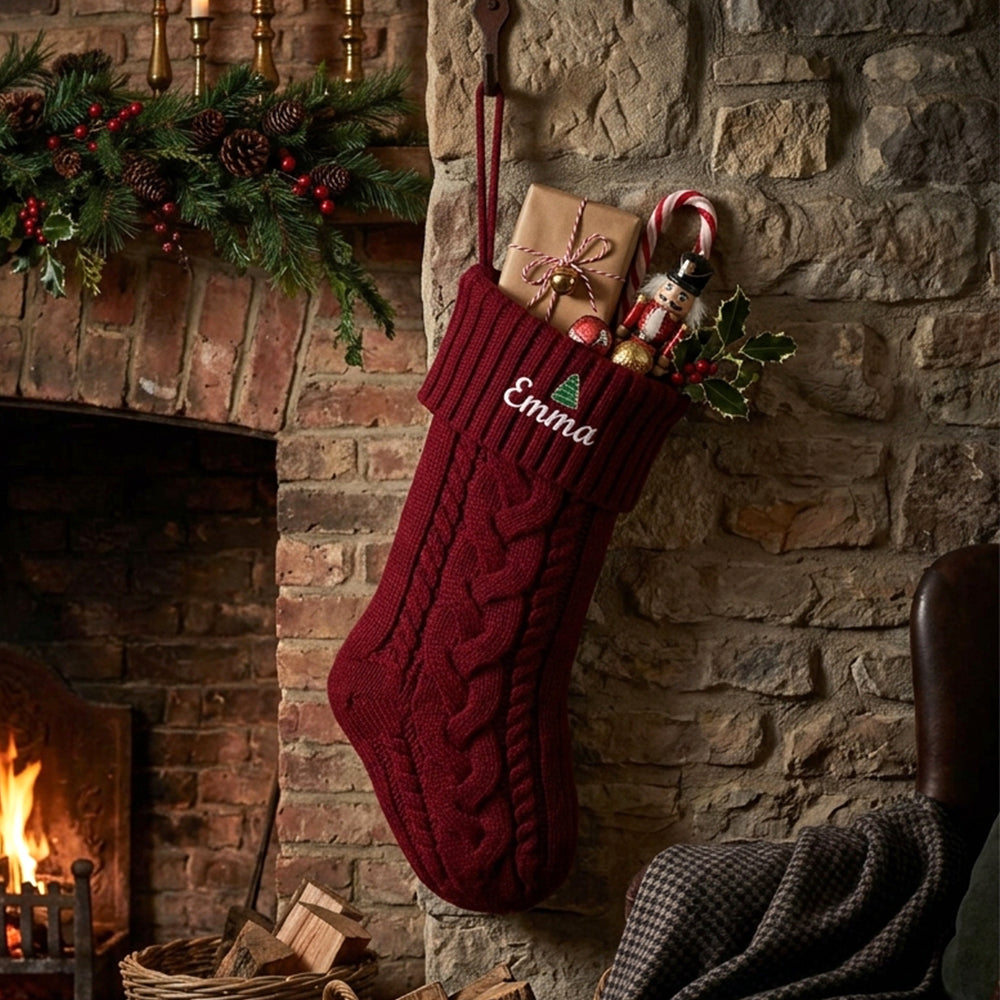 Personalized Embroidered Name Cable Knit Christmas Stocking with Holiday Decor on the fireplace