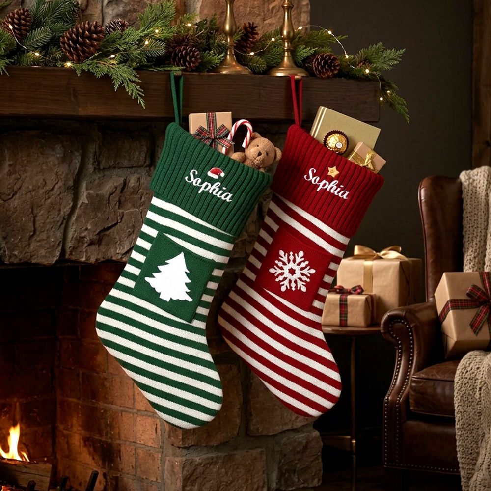 Personalized Embroidered Name Striped Christmas Stocking with Holiday Decor handing on the fireplace