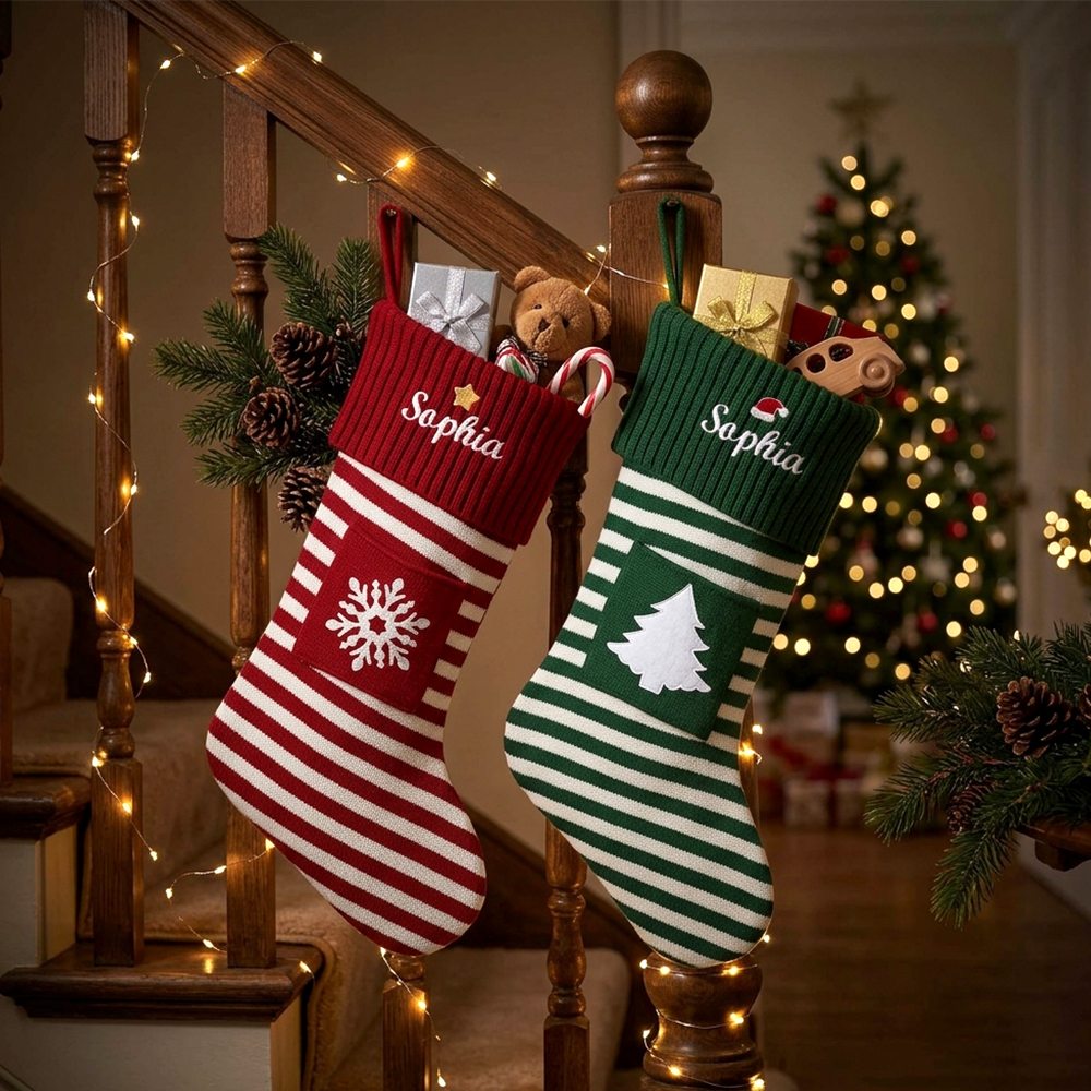 Personalized Embroidered Name Striped Christmas Stocking with Holiday Decor handing on the stairs