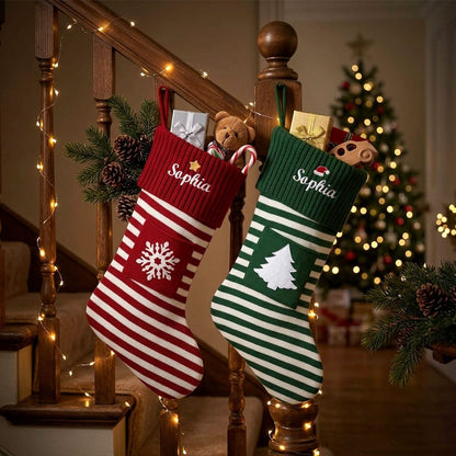 Personalized Embroidered Name Striped Christmas Stocking with Holiday Decor handing on the stairs
