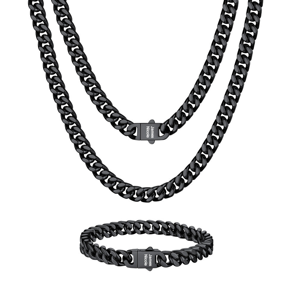  Custom Engravable Cuban Chain Necklace & Bracelet Set 7MM in black plated