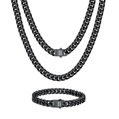  Custom Engravable Cuban Chain Necklace & Bracelet Set 7MM in black plated