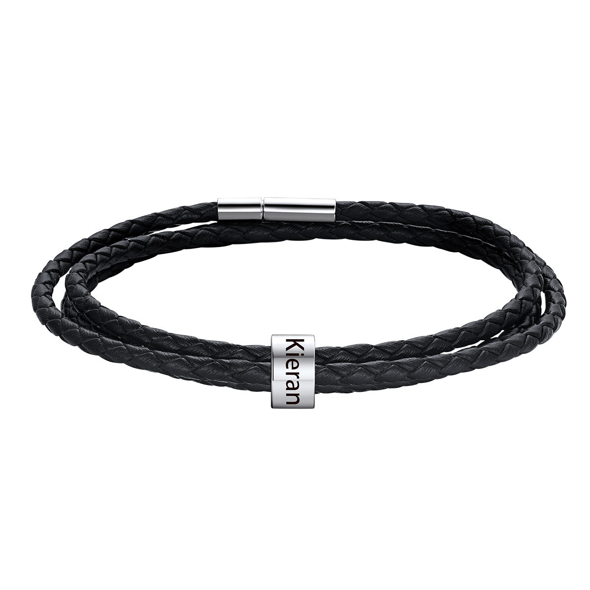Custom Engraved 1 Name Beads Leather Bracelet for Men Women on a white background