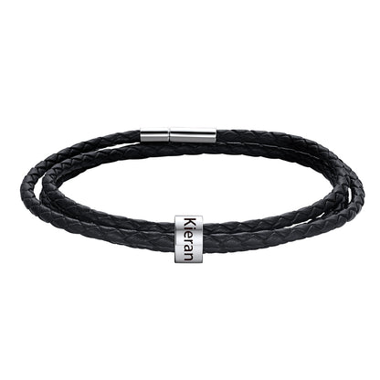 Custom Engraved 1 Name Beads Leather Bracelet for Men Women on a white background
