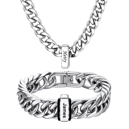 Custom Engraved  1 Name Cuban Link Necklace & Bracelet Set