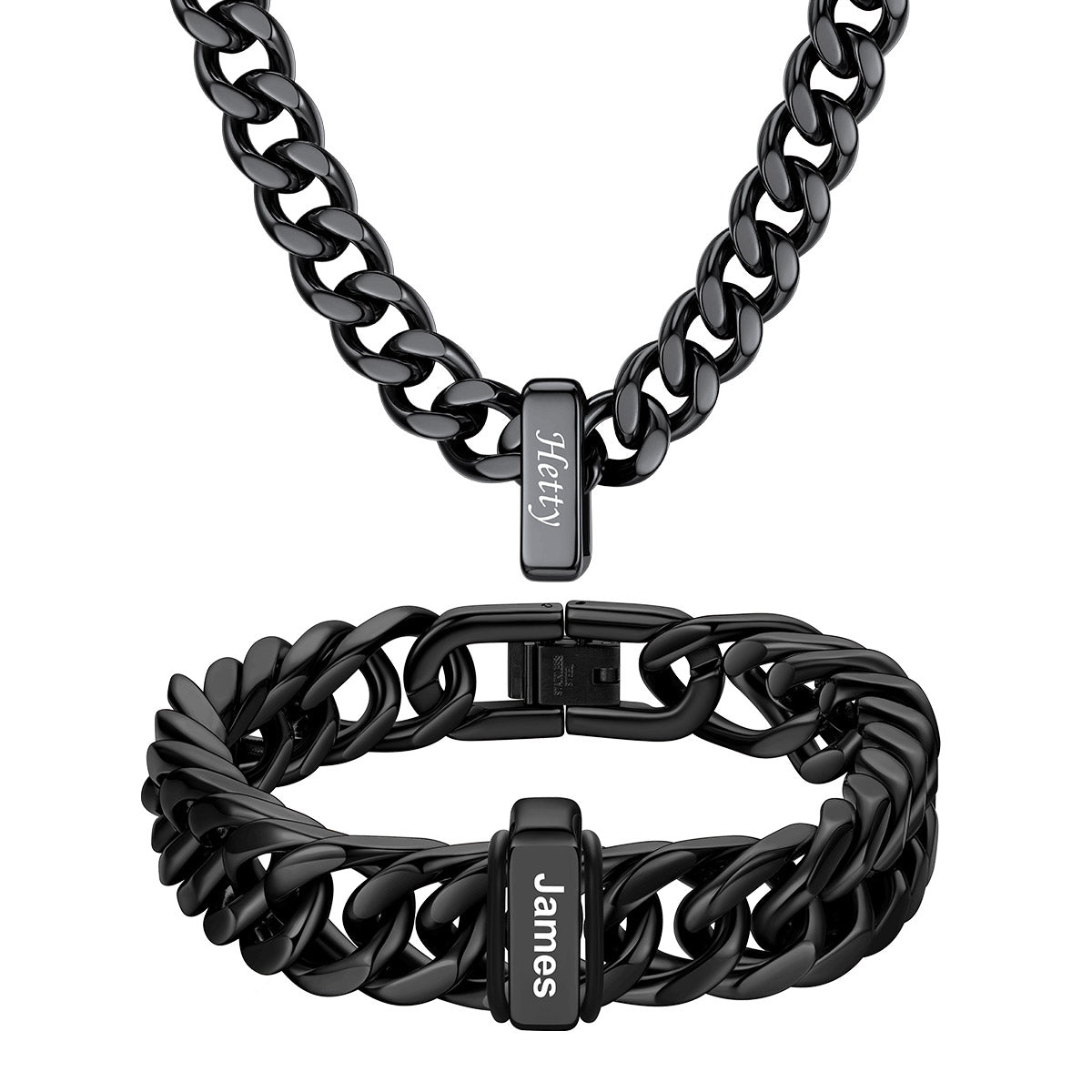 Custom Engraved 1 Name Cuban Link Necklace & Bracelet Set Black Plated