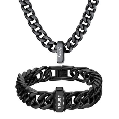 Custom Engraved 1 Name Cuban Link Necklace & Bracelet Set Black Plated